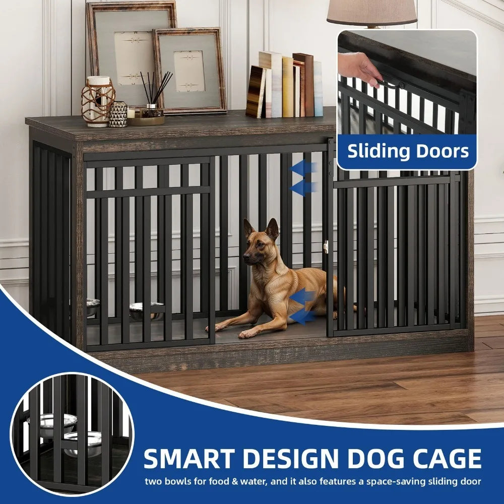55" Extra Large Dog Crate Furniture Heavy Duty Metal Dog Kennel w/ Sliding Door