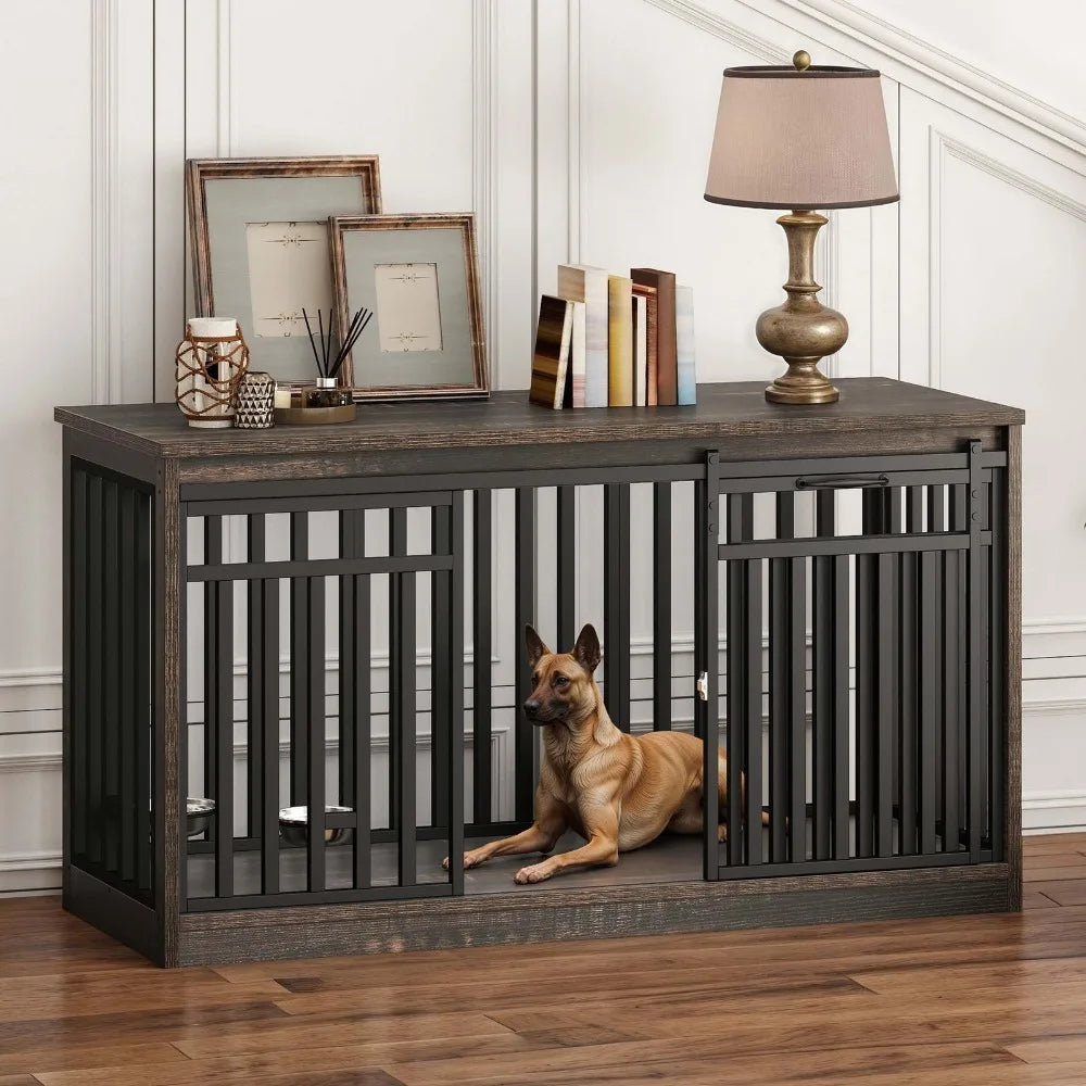 55" Extra Large Dog Crate Furniture Heavy Duty Metal Dog Kennel w/ Sliding Door