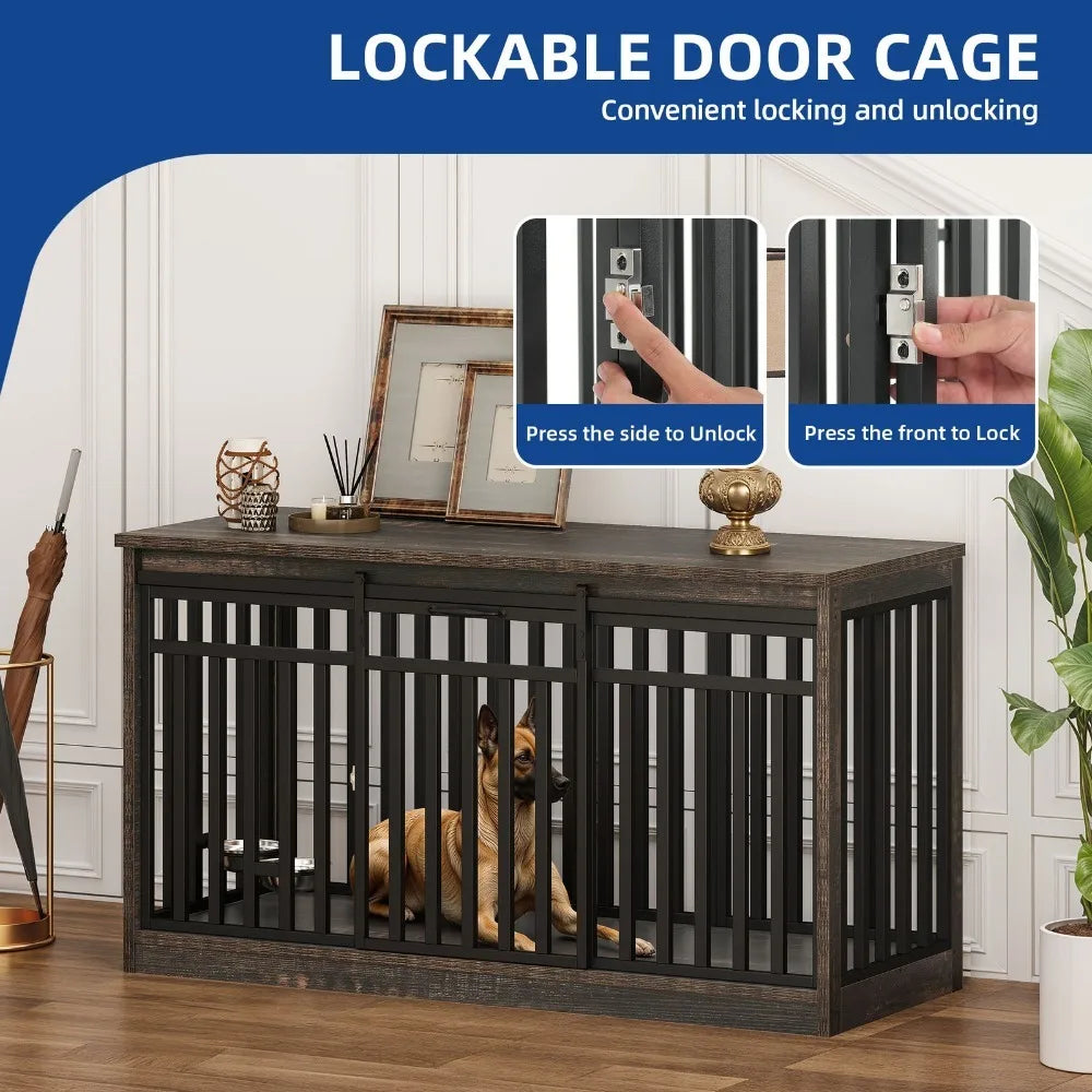 55" Extra Large Dog Crate Furniture Heavy Duty Metal Dog Kennel w/ Sliding Door