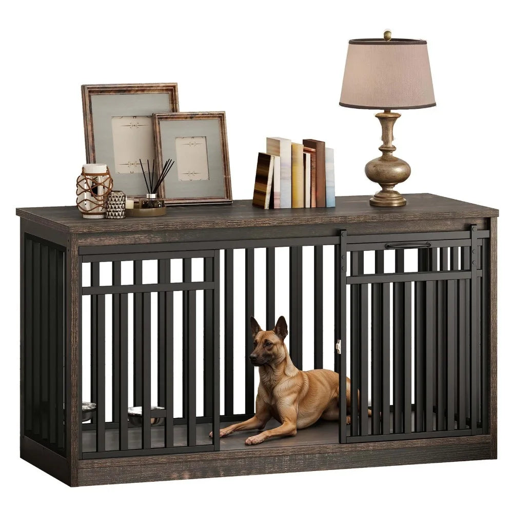 55" Extra Large Dog Crate Furniture Heavy Duty Metal Dog Kennel w/ Sliding Door