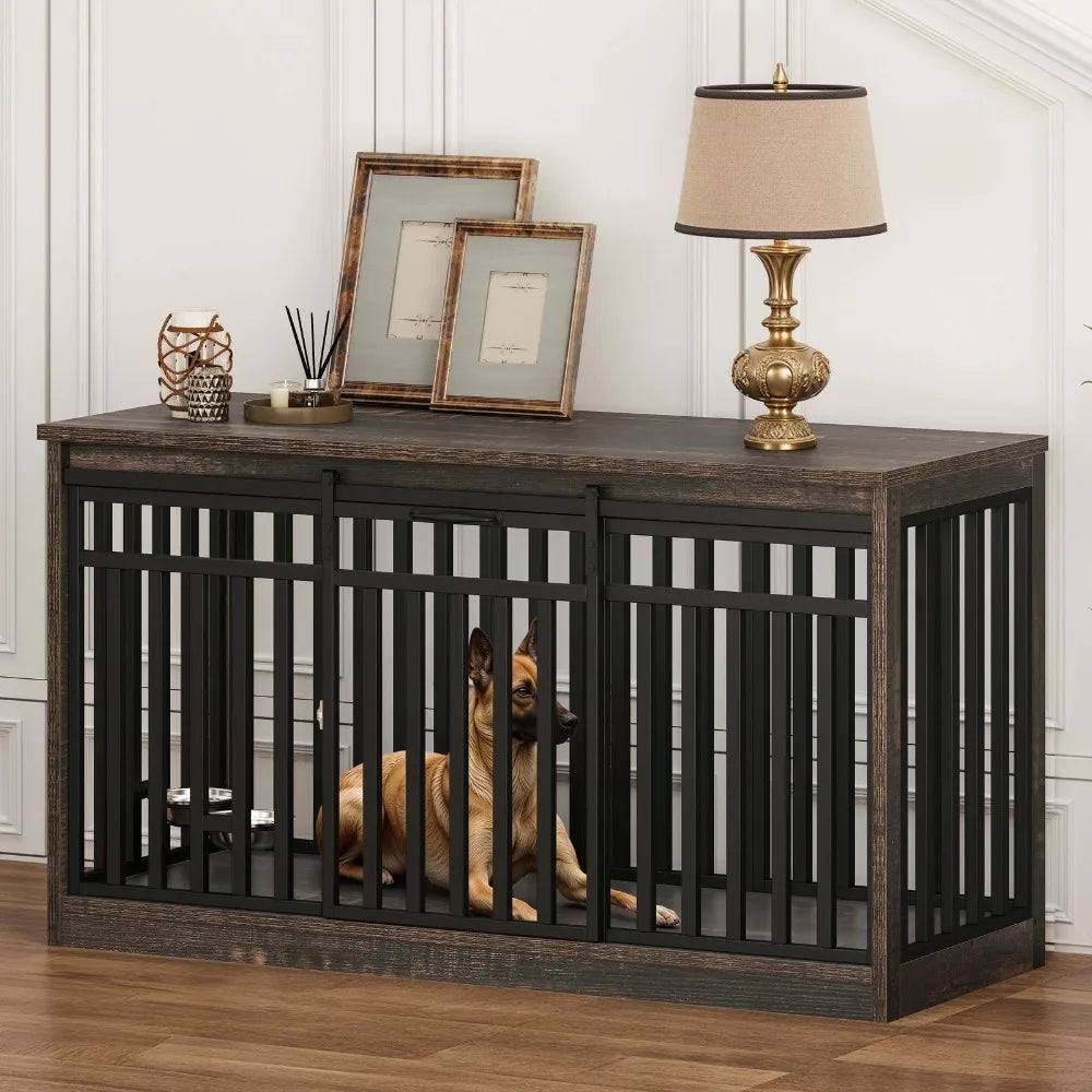 55" Extra Large Dog Crate Furniture Heavy Duty Metal Dog Kennel w/ Sliding Door