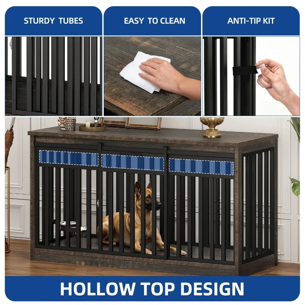 55" Extra Large Dog Crate Furniture Heavy Duty Metal Dog Kennel w/ Sliding Door