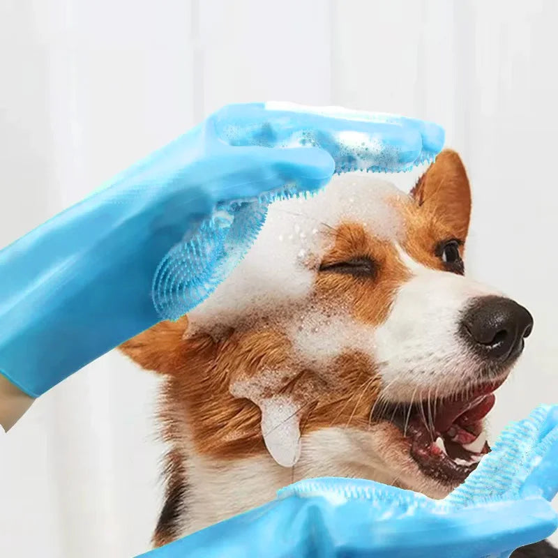 Pet Bathing Glove - Silicone Scrubber Mitt for Dogs & Cats, Massage & Deshedding, Waterproof, Bite-Resistant (Blue)