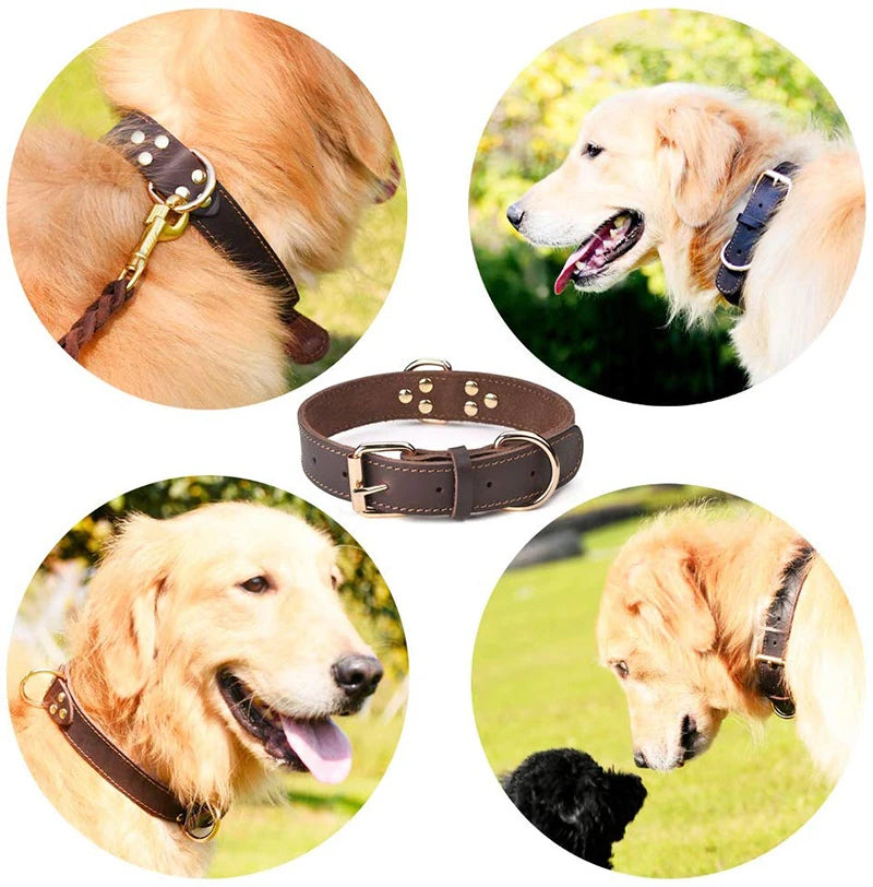 Quality Genuine Leather Dog Collar Durable Vintage Heavy-duty Rustproof Double D-Ring Pet Collar For Medium Large Dogs