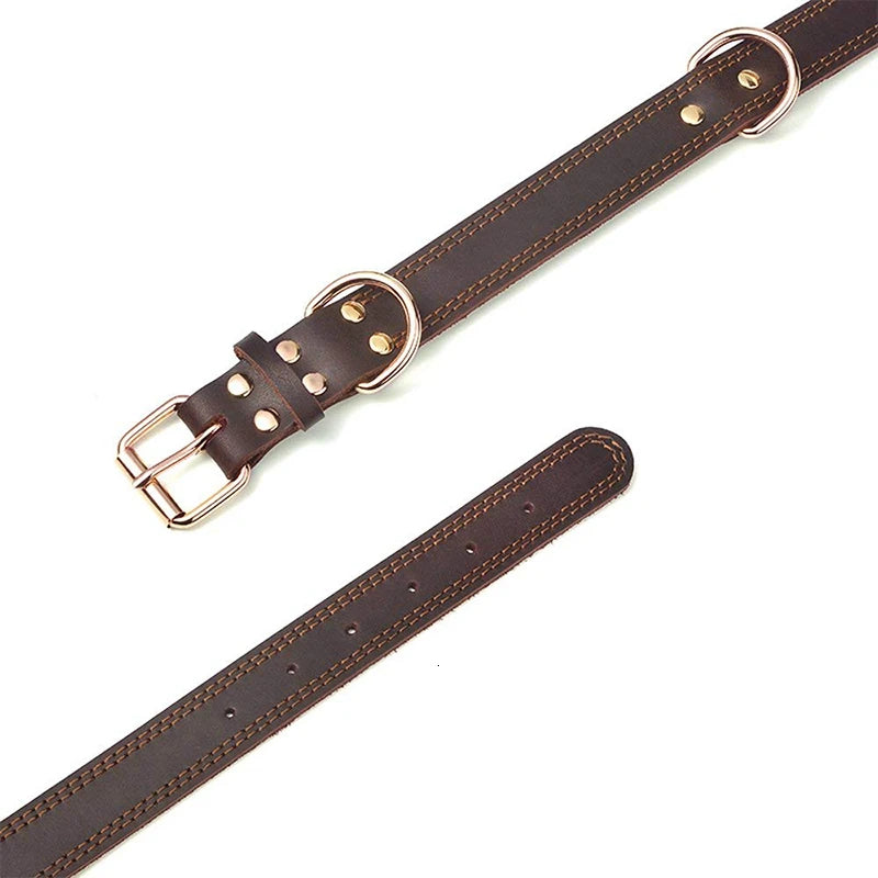 Quality Genuine Leather Dog Collar Durable Vintage Heavy-duty Rustproof Double D-Ring Pet Collar For Medium Large Dogs