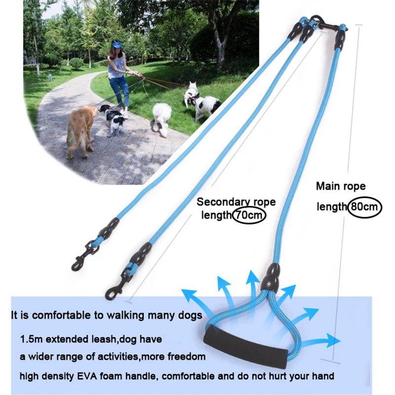 Pet Dog Leash Nylon Rope Double Dogs Leash 2 Way Coupler Walk Two and More