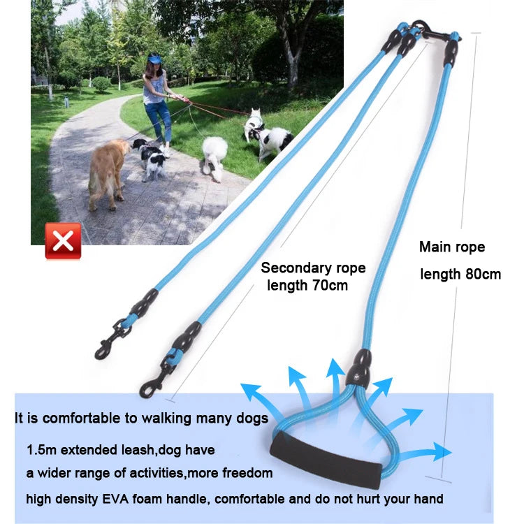 Pet Dog Leash Nylon Rope Double Dogs Leash 2 Way Coupler Walk Two and More