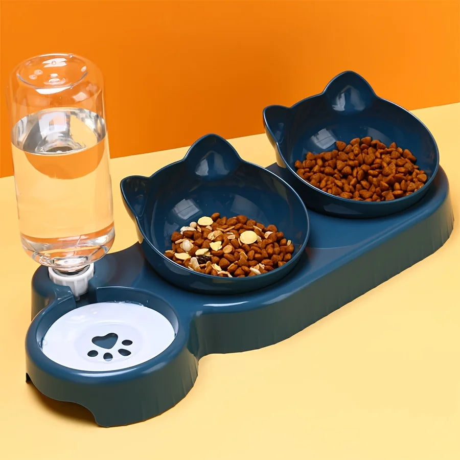 Pet Bowls With Water Feeder, 3 In 1 Ear Design Cat Water And Food Bowl Set With Gravity Water Bottle