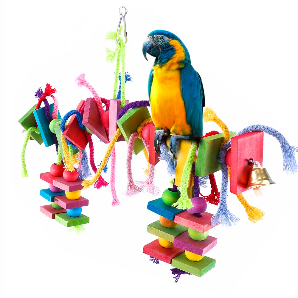 Wood Parrot Bird Toys Hanging Rope Pet Ladder Multicolored Wooden Cotton Rope Birds Chewing Toy  Hang Swing