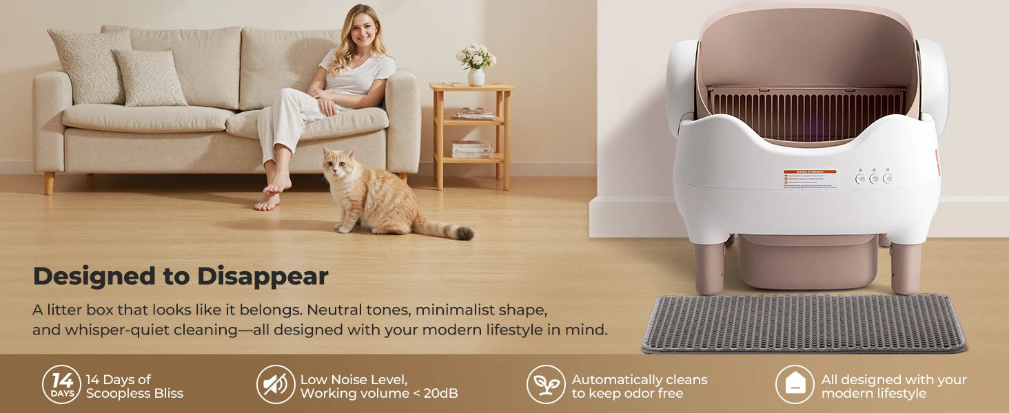 Self Cleaning Litter Box, Automatic Cat Litter Box with APP Control, Odor-Free  Large  Bin, Open-Top for Multi Cats
