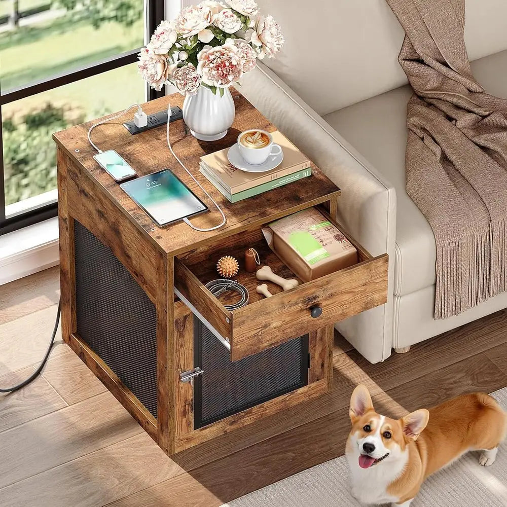 Dog Crate furniture, Dog Kennel with Der and Charging Station, Indoor Decorative House, Wooden Pet Crate End Table