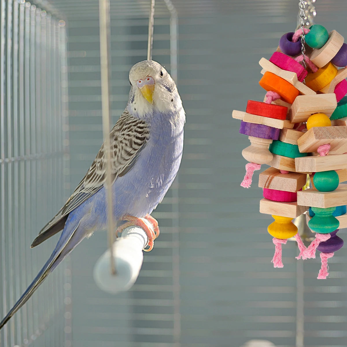 Wood Parrot Bird Toys Hanging Rope Pet Ladder Multicolored Wooden Cotton Rope Birds Chewing Toy  Hang Swing