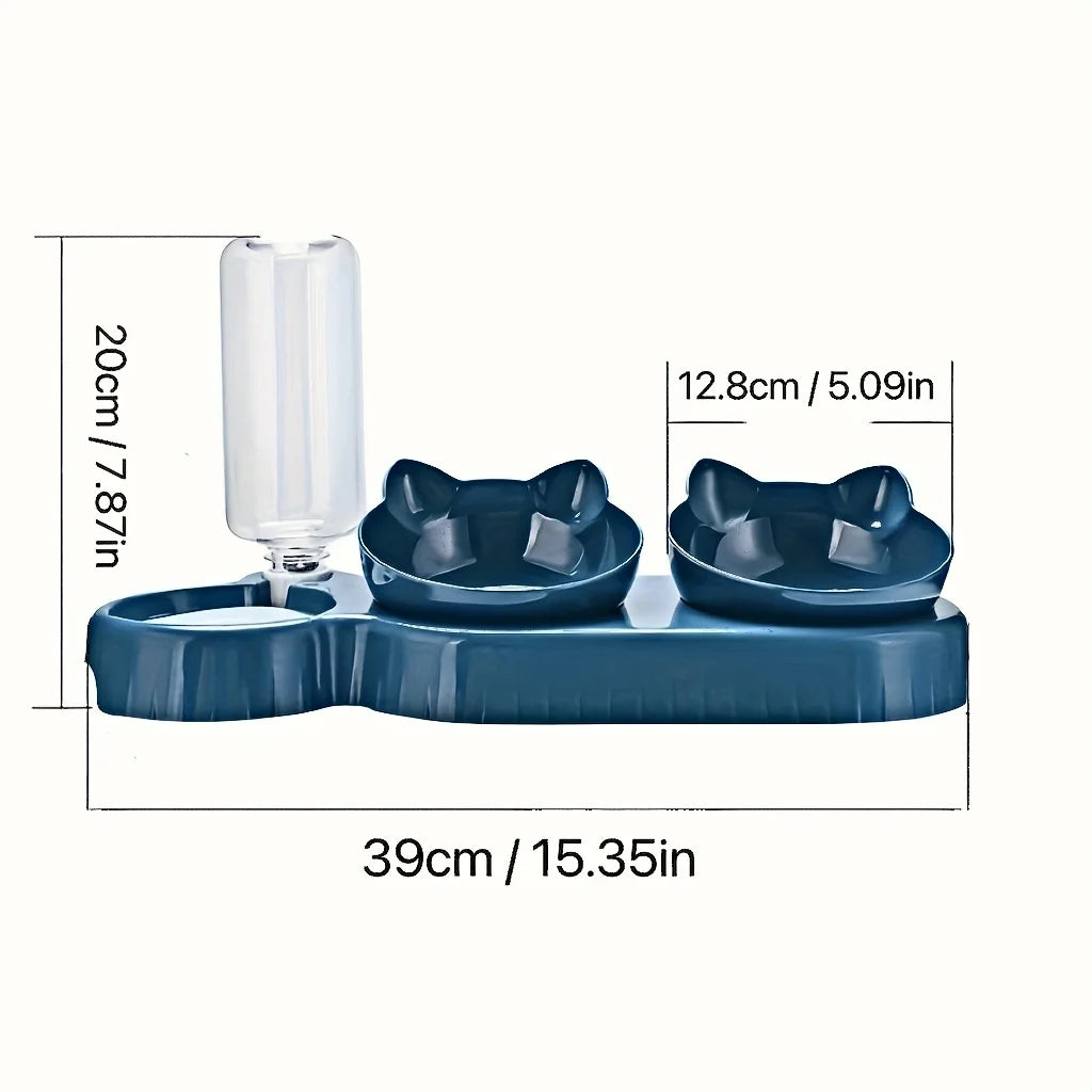 Pet Bowls With Water Feeder, 3 In 1 Ear Design Cat Water And Food Bowl Set With Gravity Water Bottle