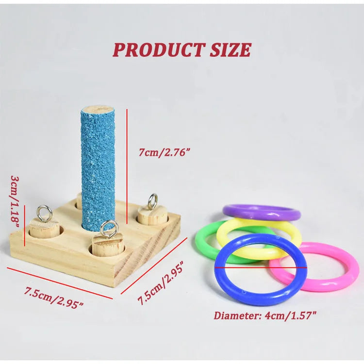 Bird Training Toys Set Wooden Block Puzzle Toys Colorful Plastic Rings Intelligence Training Chew Toy
