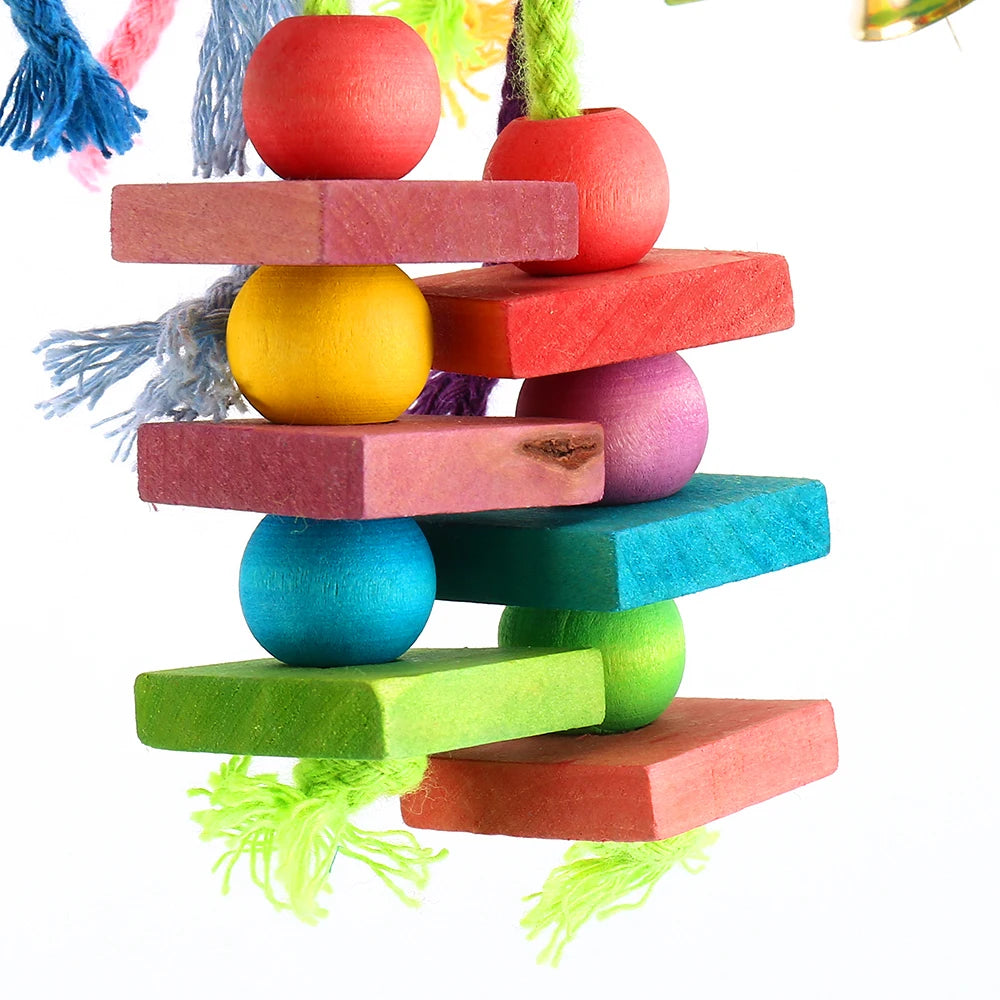 Wood Parrot Bird Toys Hanging Rope Pet Ladder Multicolored Wooden Cotton Rope Birds Chewing Toy  Hang Swing