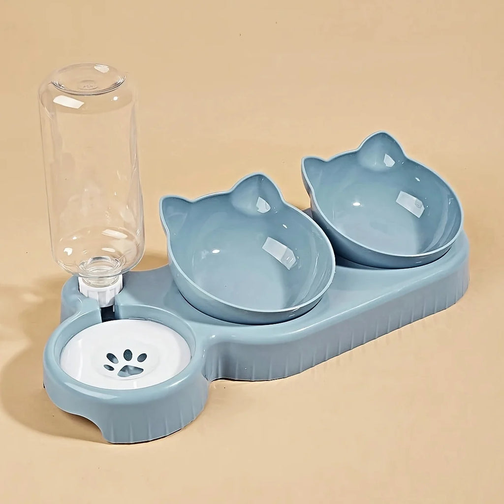 Pet Bowls With Water Feeder, 3 In 1 Ear Design Cat Water And Food Bowl Set With Gravity Water Bottle