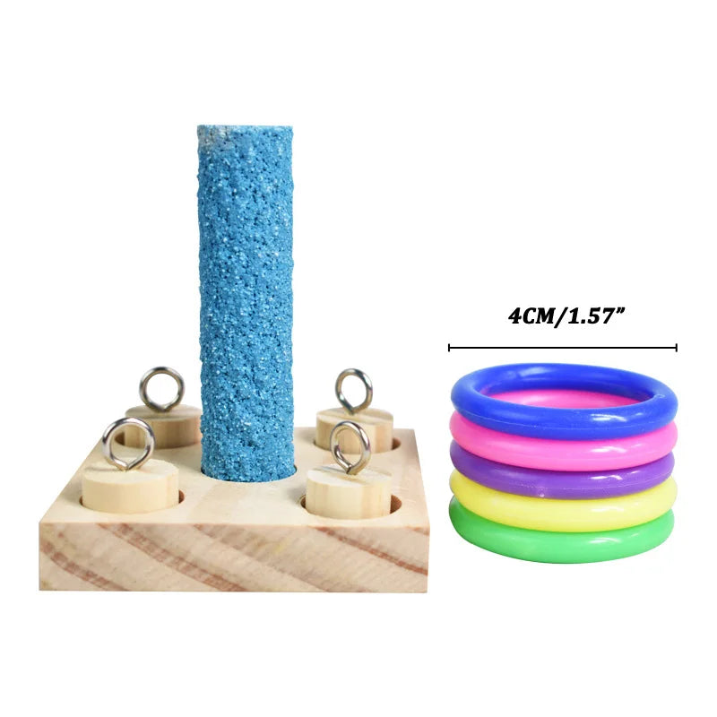 Bird Training Toys Set Wooden Block Puzzle Toys Colorful Plastic Rings Intelligence Training Chew Toy