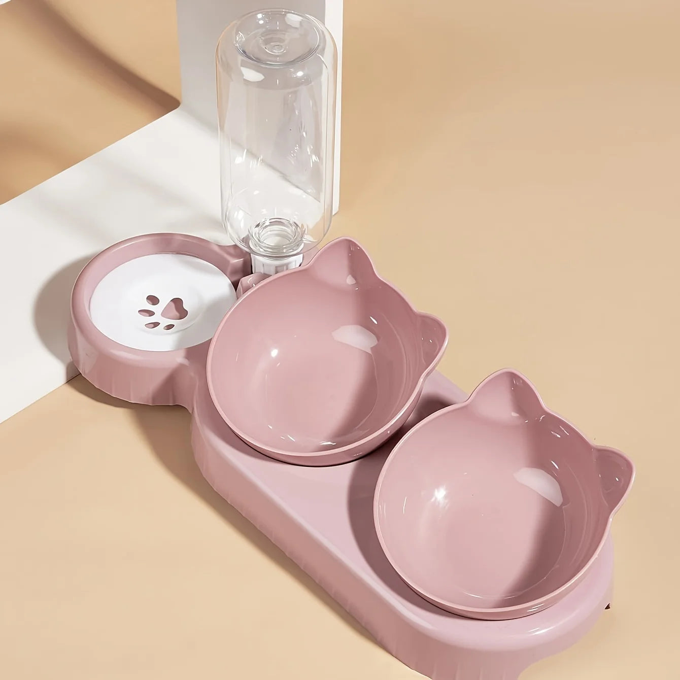 Pet Bowls With Water Feeder, 3 In 1 Ear Design Cat Water And Food Bowl Set With Gravity Water Bottle