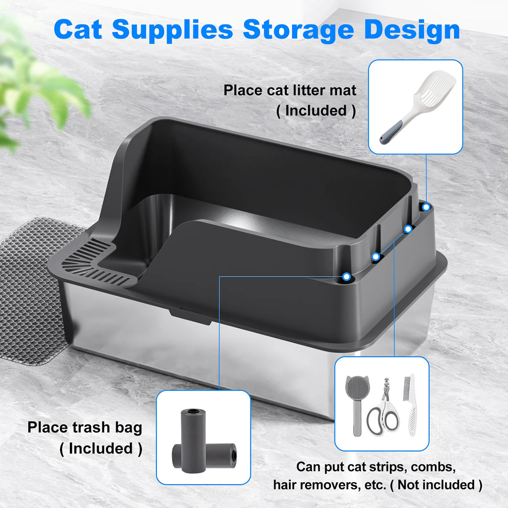 Stainless Steel Cat Litter Box,  Extra Large Splash-proof & Leak-proof Litter Box Suitable for Large Cats