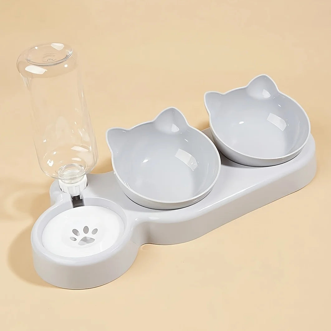 Pet Bowls With Water Feeder, 3 In 1 Ear Design Cat Water And Food Bowl Set With Gravity Water Bottle