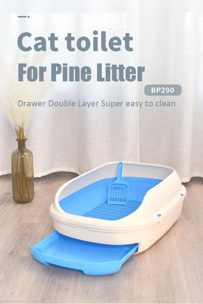 New Semi-closed Grid Drawer Double Cat Litter Pan Easy To Cleaning Extra Large Splash Proof for Pine Litter