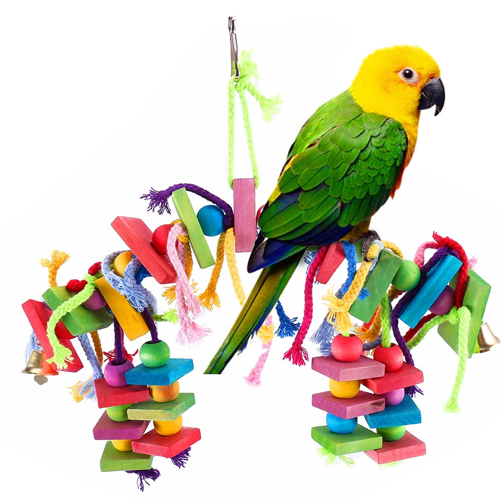 Wood Parrot Bird Toys Hanging Rope Pet Ladder Multicolored Wooden Cotton Rope Birds Chewing Toy  Hang Swing