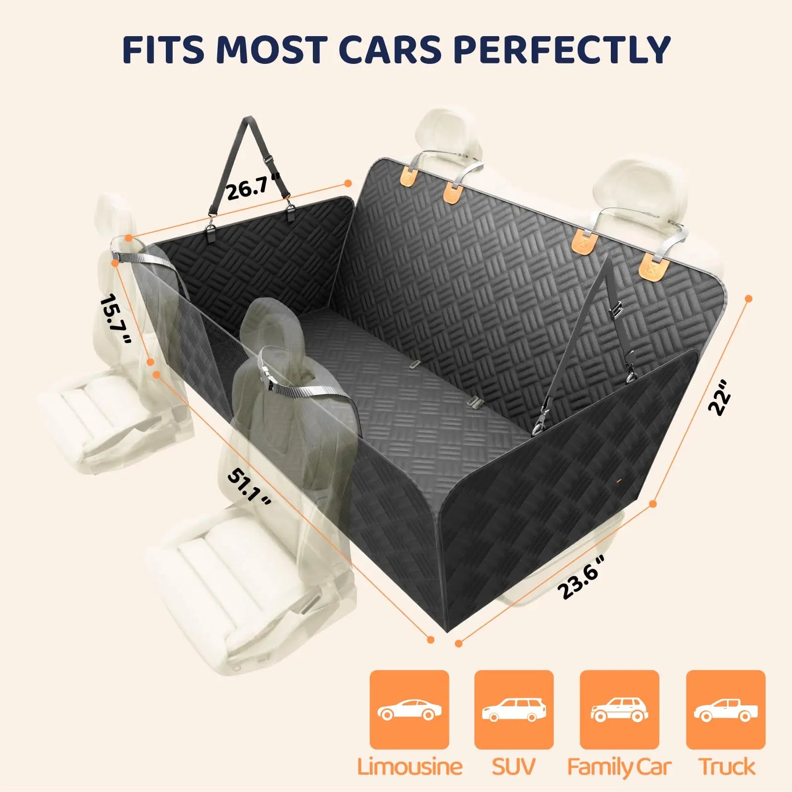 Car Rear Seat Cover, Hard Bottom Rear Seat Extender, Load-Bearing 400 Pounds, 600D Heavy-Duty Anti-Scratch Washable for Cars and Suvs
