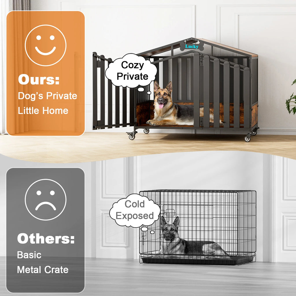 31"/41"/48“ XL Heavy Duty Dog Crate Furniture with Wheels, Dog Crates for Large Dogs Extra-Wide Thick Steel Plates for Chew Res
