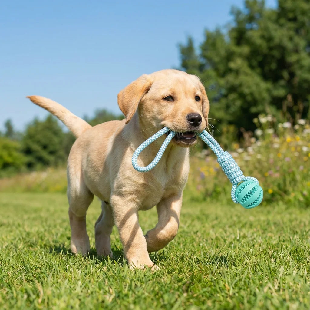 Cotton Rope & Rubber Dog Chew Ball, Treat Dispenser Toy.  Durable,