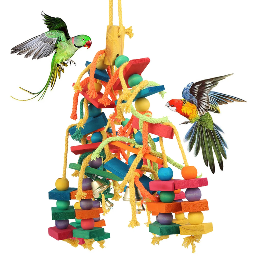 Wood Parrot Bird Toys Hanging Rope Pet Ladder Multicolored Wooden Cotton Rope Birds Chewing Toy  Hang Swing