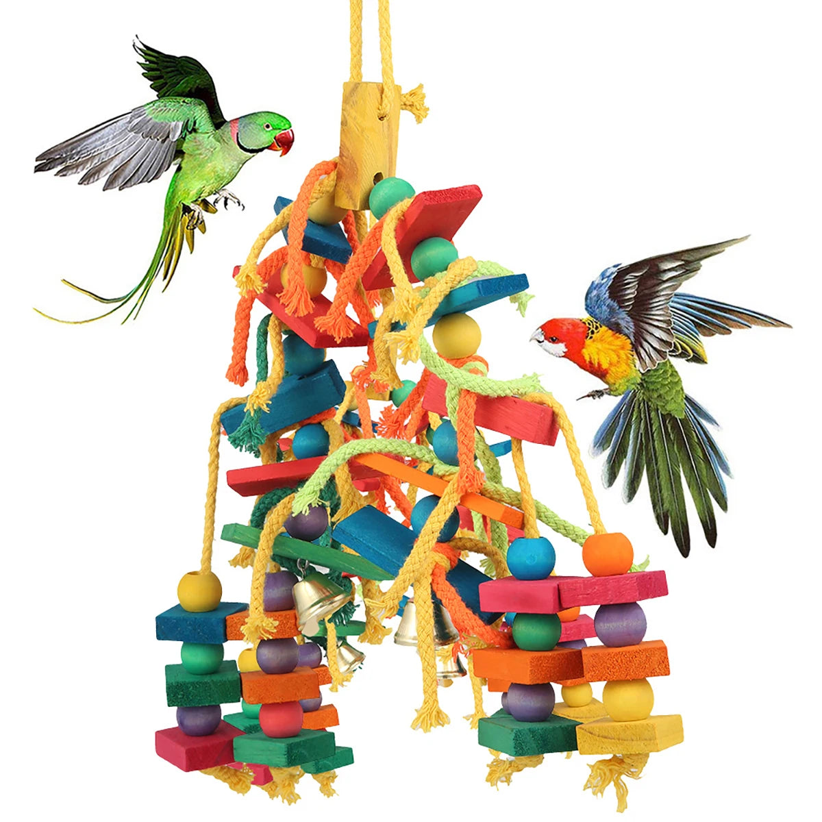 Wood Parrot Bird Toys Hanging Rope Pet Ladder Multicolored Wooden Cotton Rope Birds Chewing Toy  Hang Swing