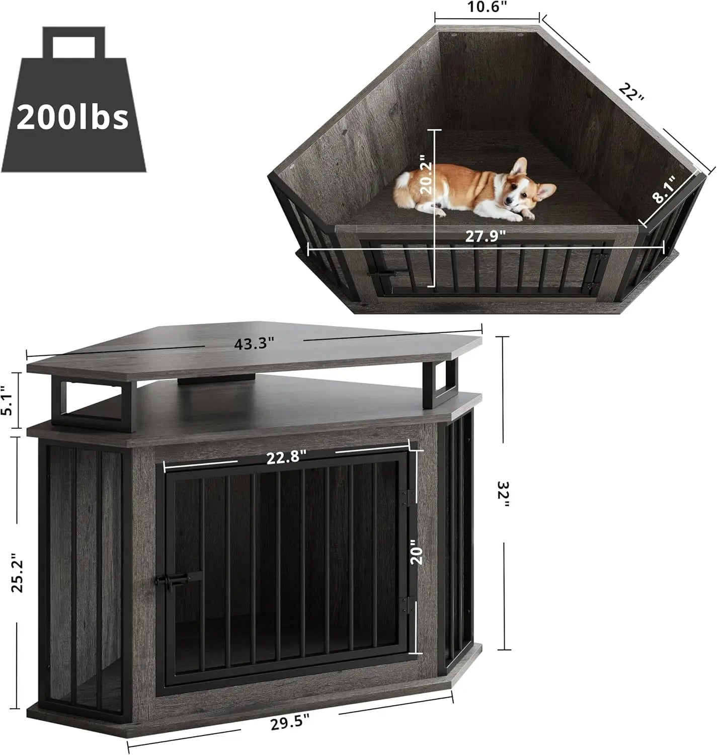 44" Corner Dog Crate with 2-Tier Shelves, Wooden Kennel Furniture for TV Stand, Indoor Pet Enclosure for Small/Medium Dogs
