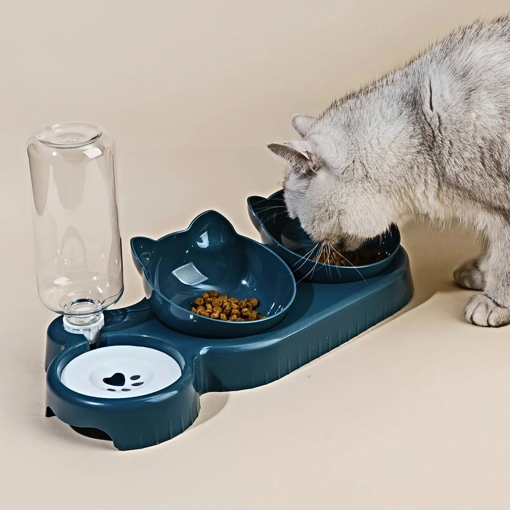 Pet Bowls With Water Feeder, 3 In 1 Ear Design Cat Water And Food Bowl Set With Gravity Water Bottle