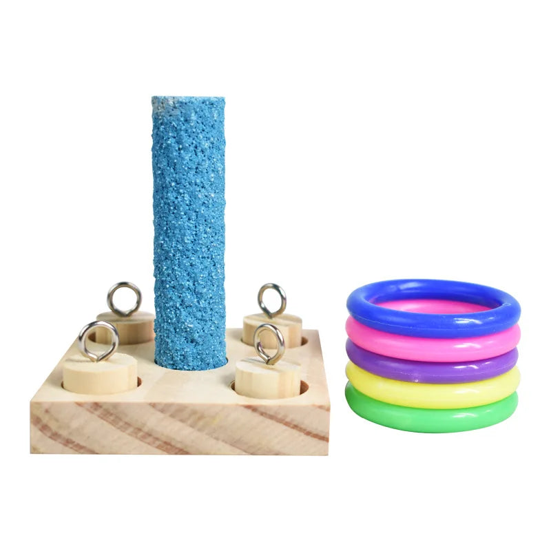Bird Training Toys Set Wooden Block Puzzle Toys Colorful Plastic Rings Intelligence Training Chew Toy