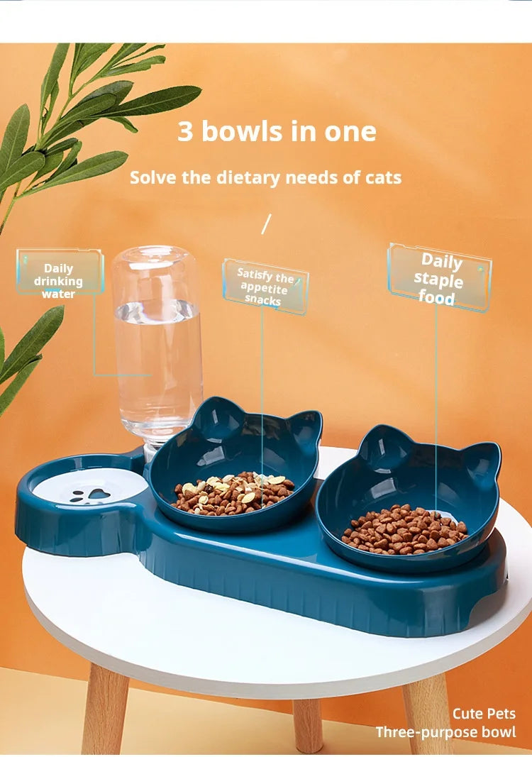 Pet Bowls With Water Feeder, 3 In 1 Ear Design Cat Water And Food Bowl Set With Gravity Water Bottle