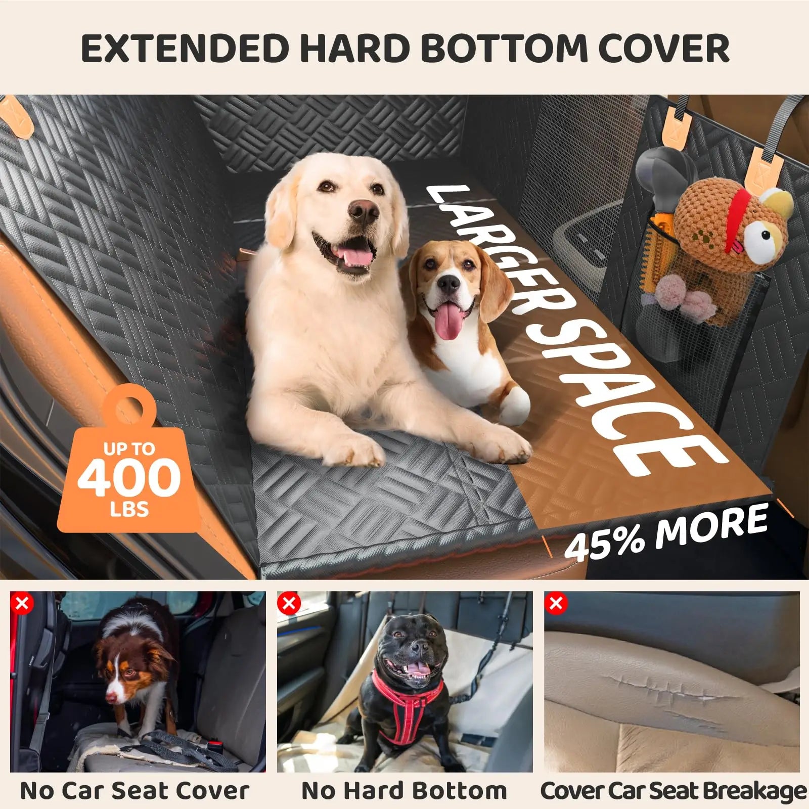 Car Rear Seat Cover, Hard Bottom Rear Seat Extender, Load-Bearing 400 Pounds, 600D Heavy-Duty Anti-Scratch Washable for Cars and Suvs