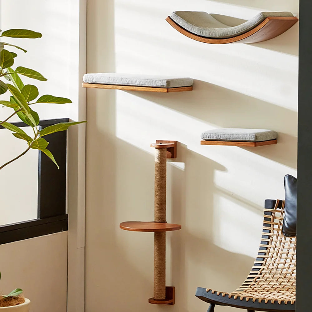 Wall Mounted Cat Tree Wooden Shelves Scratching Posts Cat tower Hammock