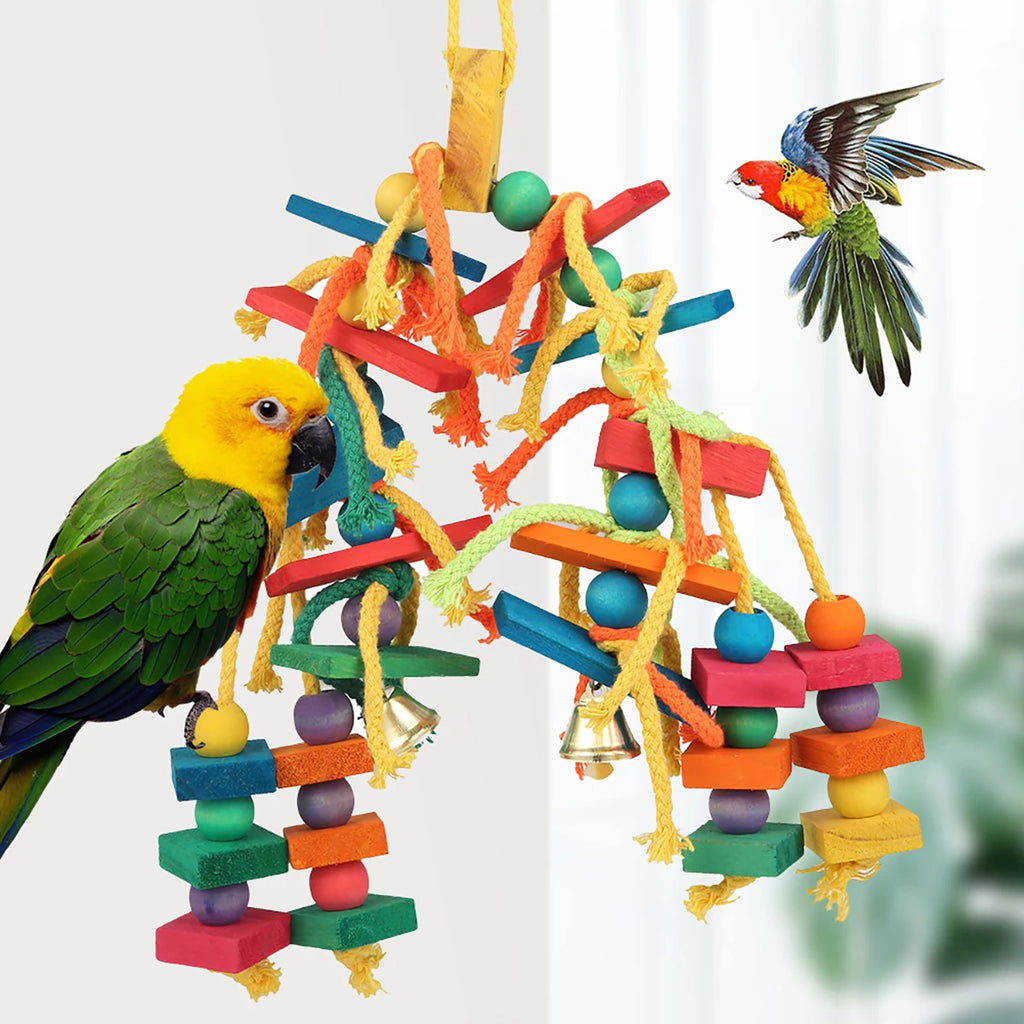 Wood Parrot Bird Toys Hanging Rope Pet Ladder Multicolored Wooden Cotton Rope Birds Chewing Toy  Hang Swing