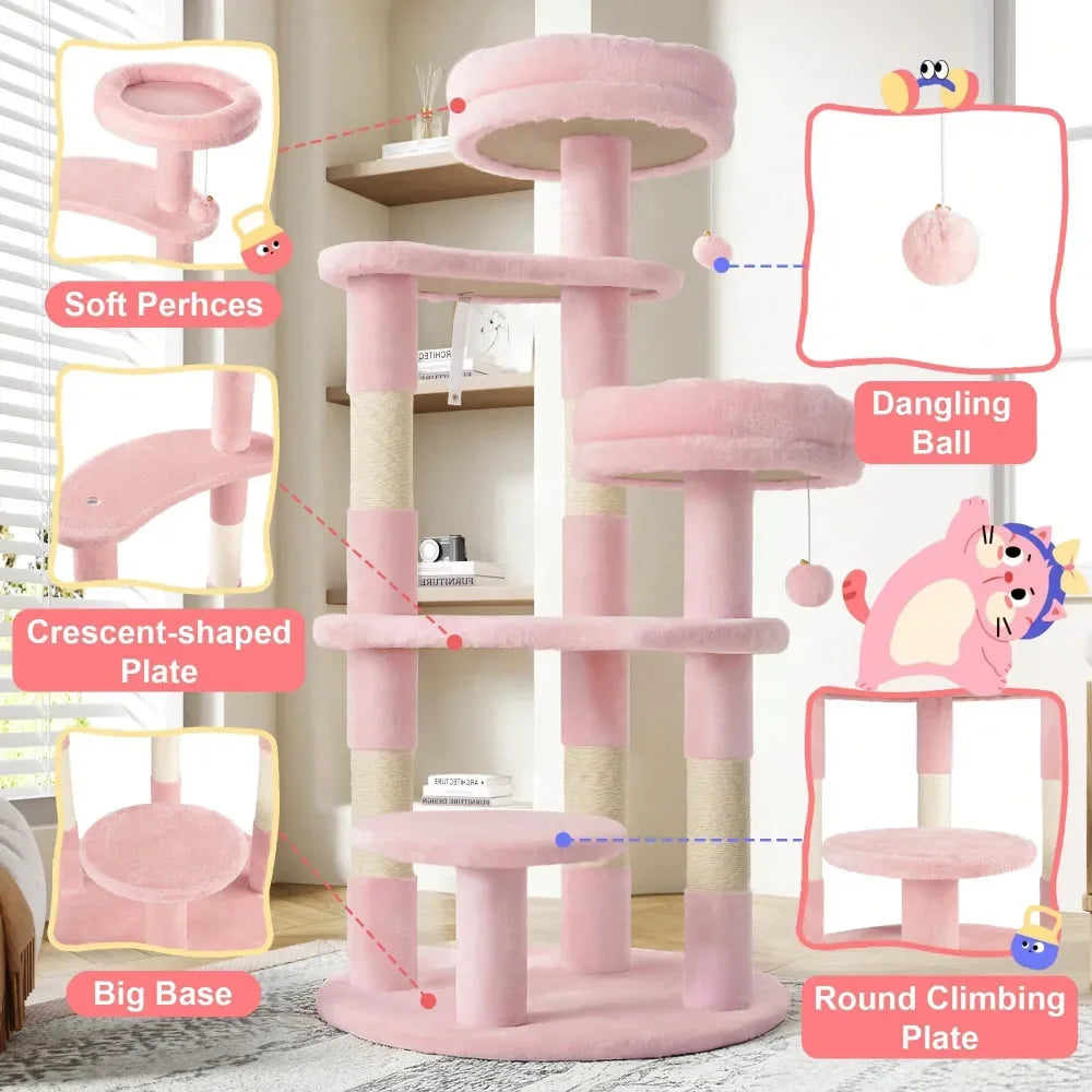 55.5 In Cat Tree For Indoor Kitties, Soft Plush Perches, Multi Level Cat Tower