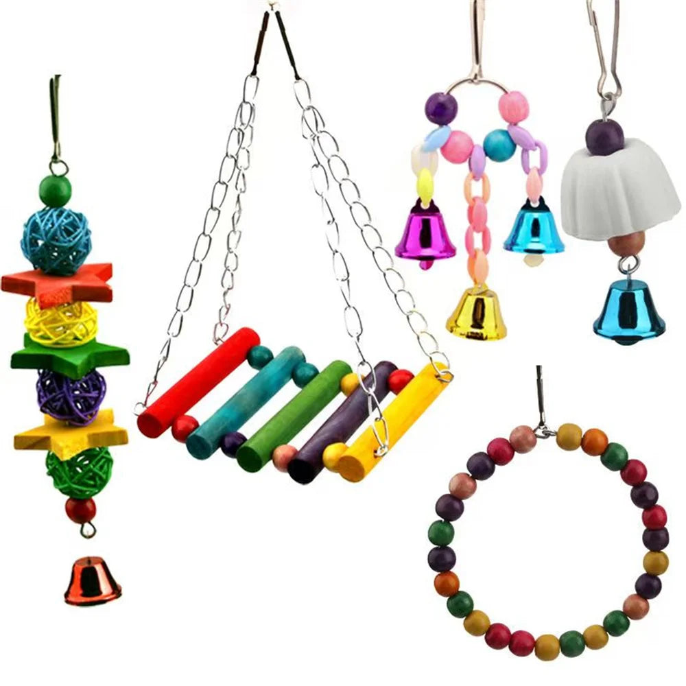 Colorful Bird Chewing Toys Set for Parrots Parakeets Shredding Hanging Foraging Toy with Rope Bungee