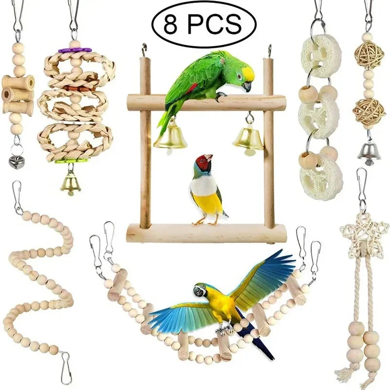 Colorful Bird Chewing Toys Set for Parrots Parakeets Shredding Hanging Foraging Toy with Rope Bungee