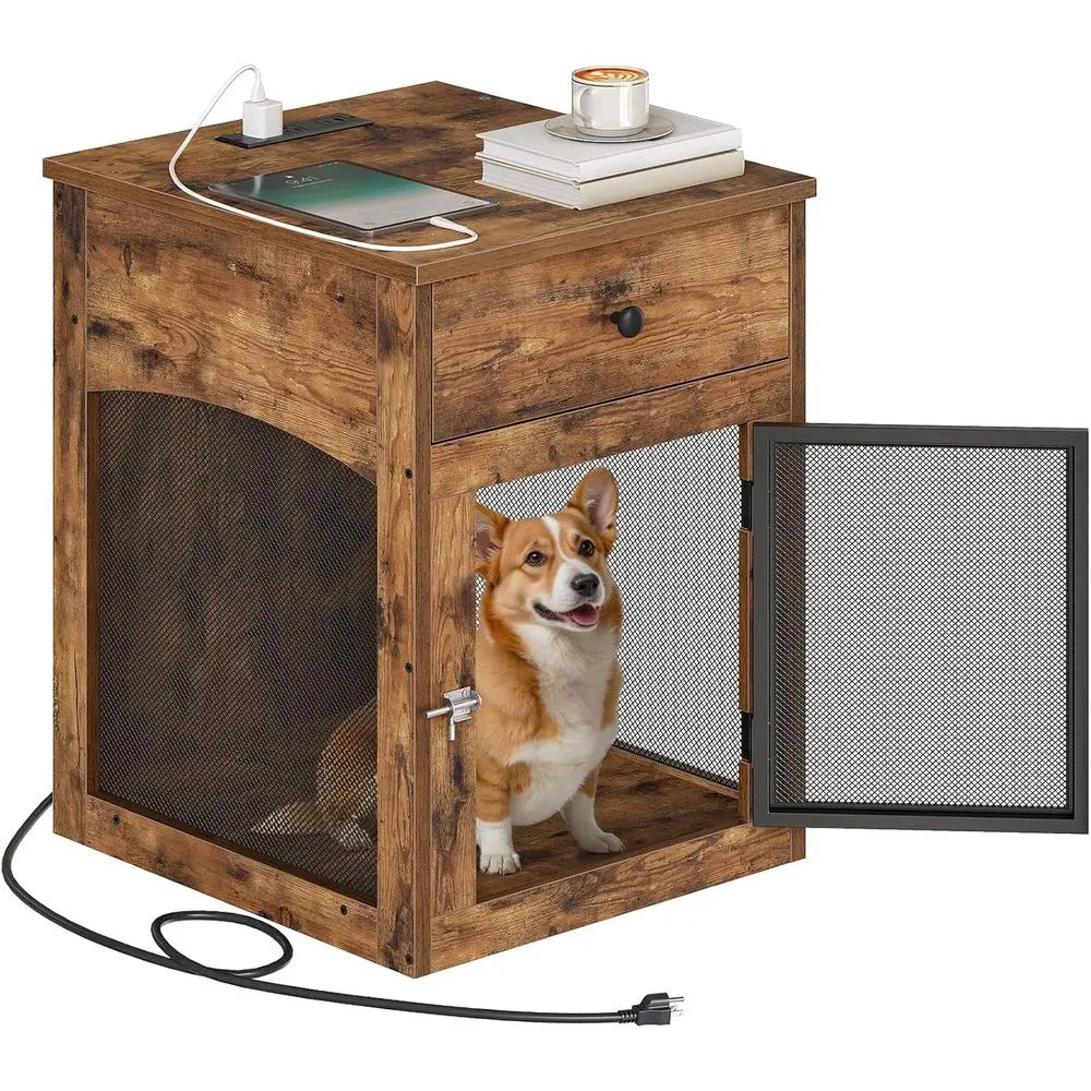 Dog Crate furniture, Dog Kennel with Der and Charging Station, Indoor Decorative House, Wooden Pet Crate End Table