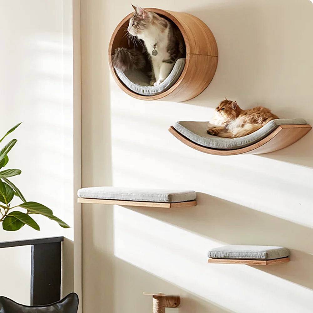 Wall Mounted Cat Tree Wooden Shelves Scratching Posts Cat tower Hammock