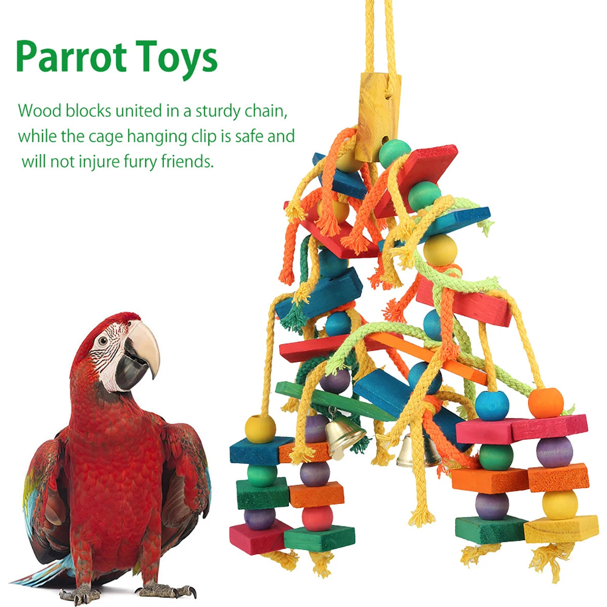 Wood Parrot Bird Toys Hanging Rope Pet Ladder Multicolored Wooden Cotton Rope Birds Chewing Toy  Hang Swing