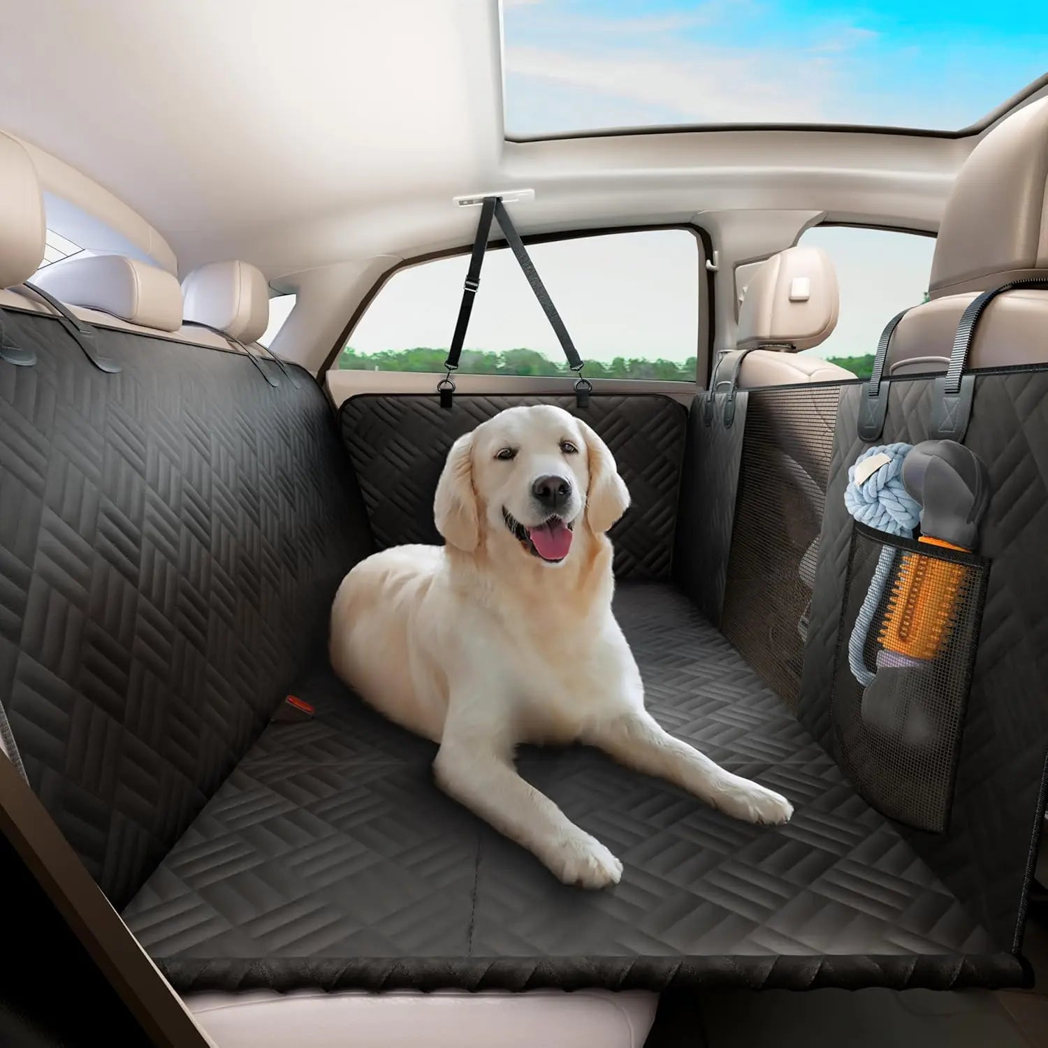 Car Rear Seat Cover, Hard Bottom Rear Seat Extender, Load-Bearing 400 Pounds, 600D Heavy-Duty Anti-Scratch Washable for Cars and Suvs