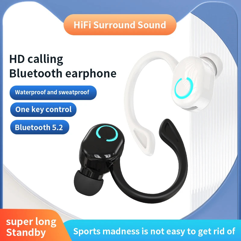 Wireless Bluetooth Earphones HIFI Bass With HD MIC Ear-Hook Earbuds Noise Cancelling Waterproof Headsets