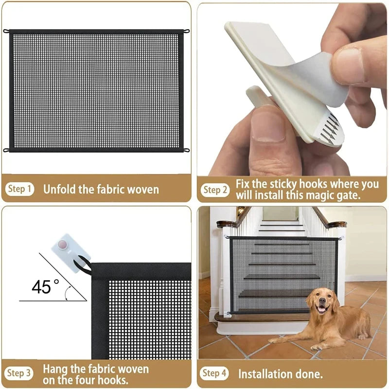 Pet Dog Barrier Fences With 4Pcs Hook Pet Isolated Stairs Gate New Folding  Mesh Playpen For Dog Safety Fence