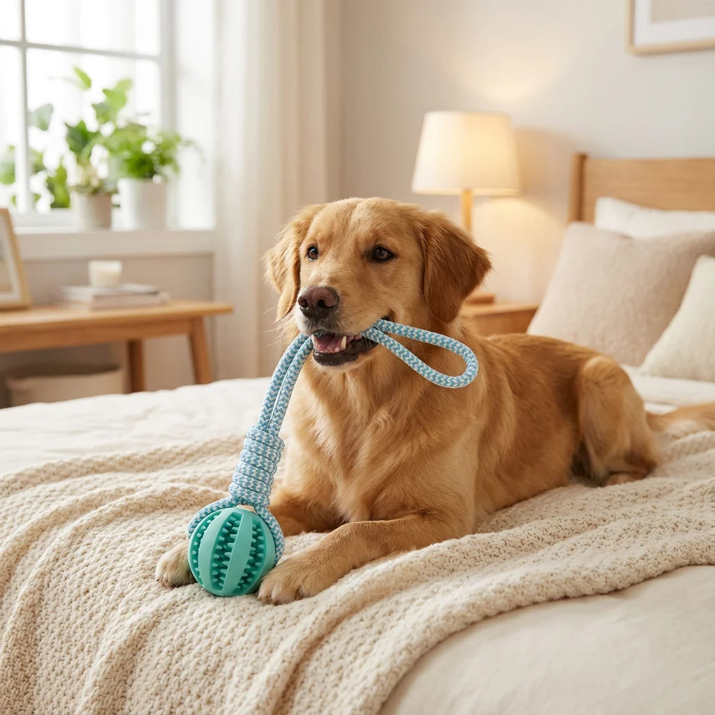 Cotton Rope & Rubber Dog Chew Ball, Treat Dispenser Toy.  Durable,