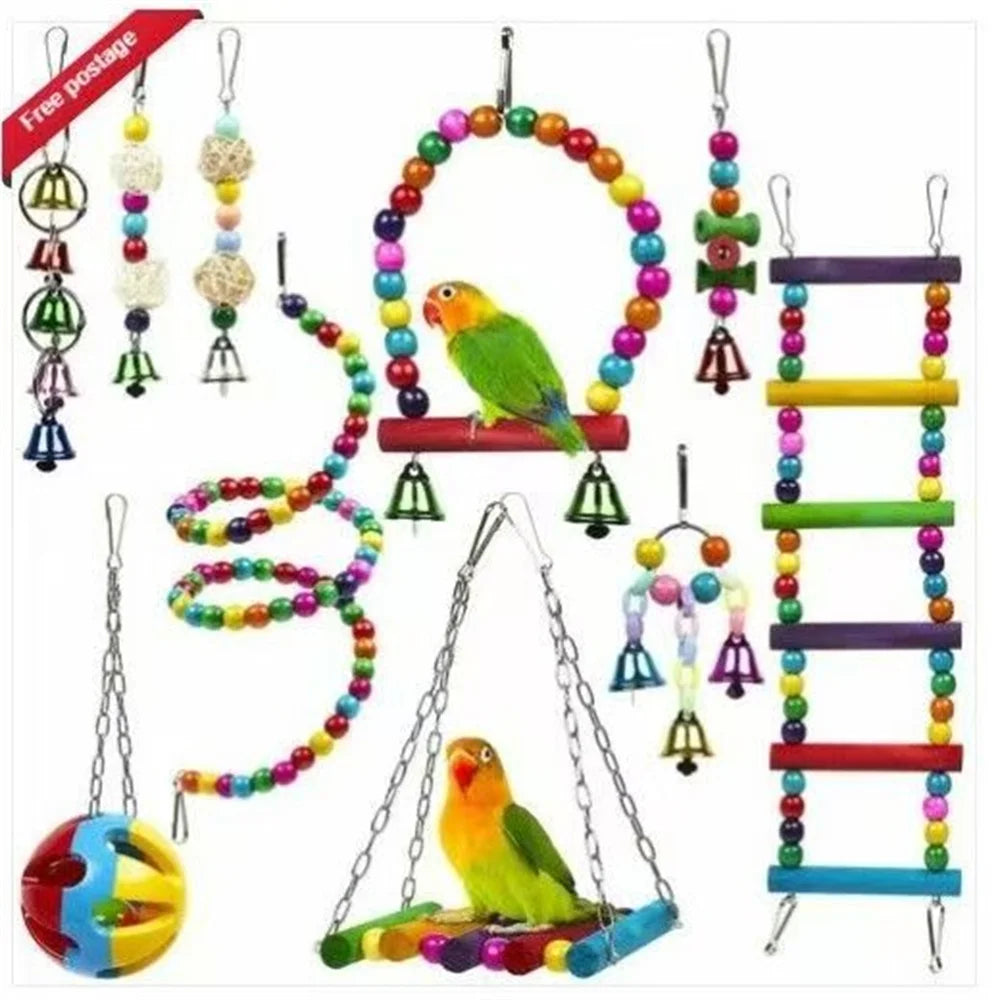 Colorful Bird Chewing Toys Set for Parrots Parakeets Shredding Hanging Foraging Toy with Rope Bungee