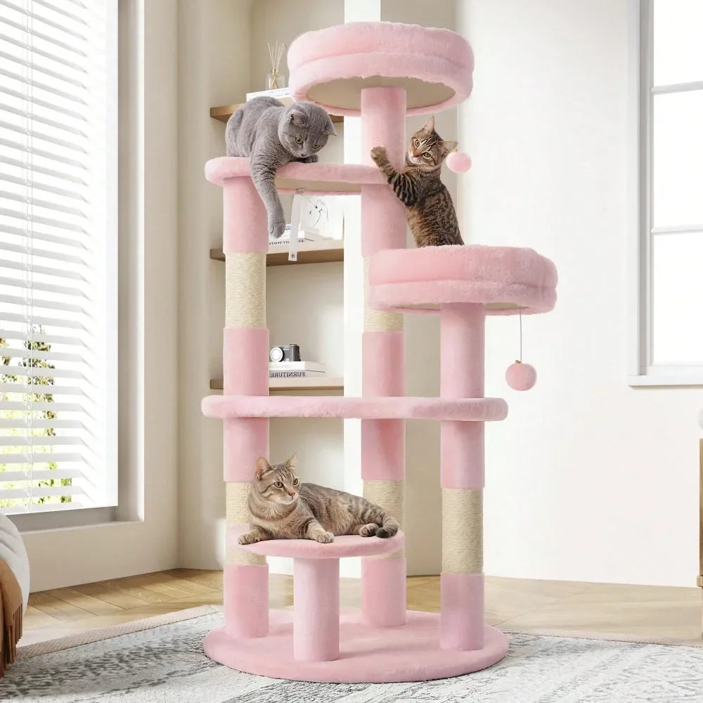 55.5 In Cat Tree For Indoor Kitties, Soft Plush Perches, Multi Level Cat Tower